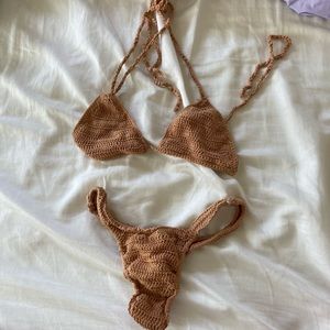 Nude crochet knit bikini set